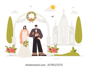 Wedding Ceremony Celebration Vector Illustration featuring a Bride and Groom in a Floral Ballroom with Elegant Decorations in a Flat Style Background