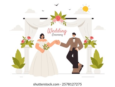 Wedding Ceremony Celebration Vector Illustration featuring a Bride and Groom in a Floral Ballroom with Elegant Decorations in a Flat Style Background