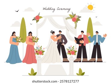 Wedding Ceremony Celebration Vector Illustration featuring a Bride and Groom in a Floral Ballroom with Elegant Decorations in a Flat Style Background