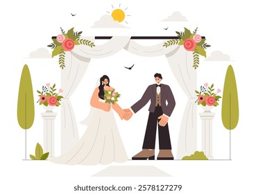 Wedding Ceremony Celebration Vector Illustration featuring a Bride and Groom in a Floral Ballroom with Elegant Decorations in a Flat Style Background