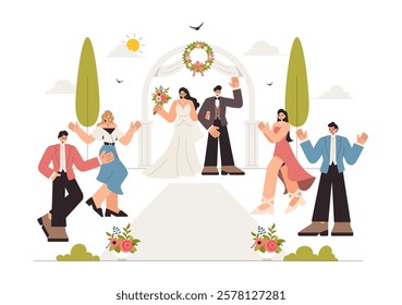 Wedding Ceremony Celebration Vector Illustration featuring a Bride and Groom in a Floral Ballroom with Elegant Decorations in a Flat Style Background