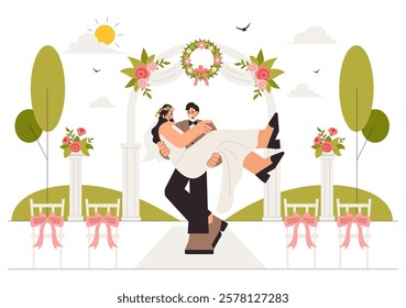 Wedding Ceremony Celebration Vector Illustration featuring a Bride and Groom in a Floral Ballroom with Elegant Decorations in a Flat Style Background