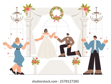 Wedding Ceremony Celebration Vector Illustration featuring a Bride and Groom in a Floral Ballroom with Elegant Decorations in a Flat Style Background