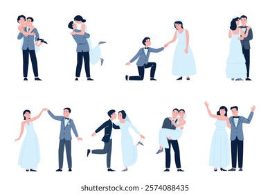 Wedding ceremony characters. Marriage process, newlyweds wear official outfits, dress and costume. Just married, couples in love, new family recent vector set