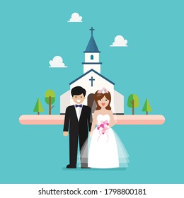 Wedding Ceremony At Church. Wedding Couple Are Standing In Front Of Church. Vector Illustration