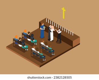 Wedding ceremony at church isometric 3d vector illustration concept