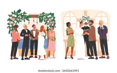Cerimônia de casamento igreja e ao ar livre cena de desenho animado conjunto com noiva feliz com noivo e testemunhas vestindo roupas festivas vetor ilustração. Casamento ocasião celebração romântico dia design