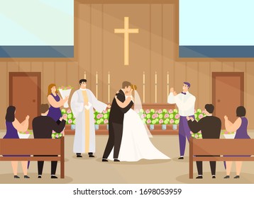 Wedding ceremony in church vector illustration. Cartoon happy couple characters getting married in chapel interior, flat groom, bride in white dress kissing. Wedding ceremonial celebration background