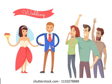 Wedding ceremony color banner vector illustration isolated on white bride wearing pretty dress holding flowers and cute groom in suit emotional people