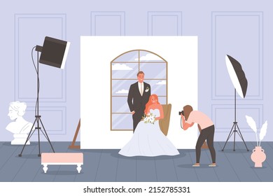 Composición de la ceremonia de bodas con el paisaje del estudio de fotografía interior y el fotógrafo tomando fotos de la nueva ilustración vectorial de pareja casada