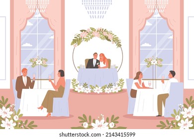 Composición de la ceremonia de bodas con vista interior del hall con invitados tomando bebidas en mesa con la ilustración vectorial de recién casados