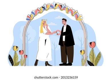 Wedding ceremony concept. Bride and groom exchange rings, couple get married situation. Love relationships people scene. Vector illustration with flat character design for website and mobile site