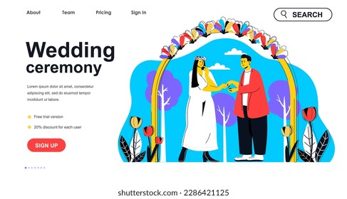 Wedding ceremony concept for landing page template. Bride and groom exchange rings, couple get married. Love relationships people scene. Vector illustration with flat character design for web banner