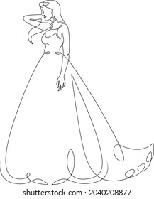 Wedding ceremony.One continuous line.
Beautiful slender bride in a wedding dress.
One continuous drawing line logo isolated minimal illustration.