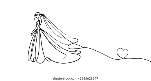 Wedding ceremony.One continuous line. Beautiful slender bride in a wedding dress. One continuous drawing line logo isolated minimal illustration.