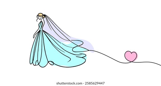 Wedding ceremony.One continuous line. Beautiful slender bride in a wedding dress. One continuous drawing line logo isolated minimal illustration.