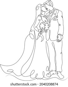 Wedding ceremony.One continuous line.
Loving couple of newlyweds at the wedding.
One continuous drawing line logo isolated minimal illustration.