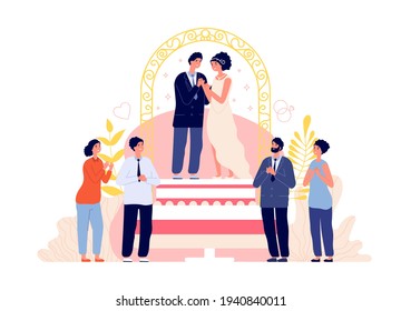 Wedding ceremony. Couple celebrate marriage, groom bride romantic party. People celebration with friends, flat bridal utter vector concept