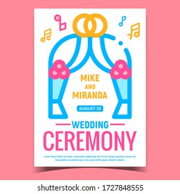 Wedding Ceremony Creative Advertise Banner Vector. Ceremony Festival Arch Decorated Rings And Flowers, Music Notes On Promotional Poster. Concept Template Stylish Colorful Illustration