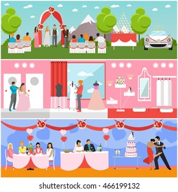 Wedding ceremony design vector banners. Wedding party interior. Bride and groom celebrate their marriage.