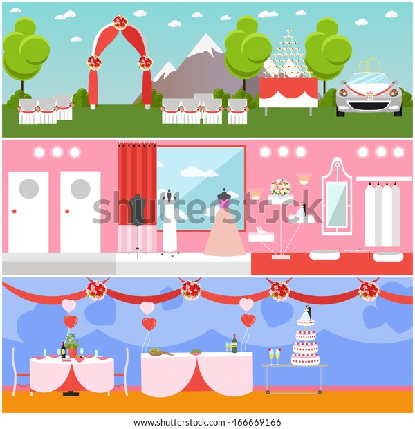 Wedding ceremony design vector banners. Wedding\
party interior.