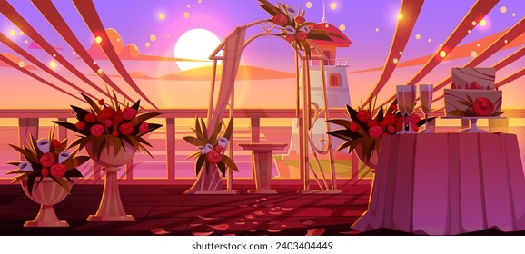 Wedding ceremony evening sunset outdoor setup with altar under arch draped and decorated with flowers on shore with lighthouse. Cartoon vector illustration of outside nature marriage event location.