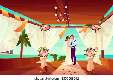 Wedding ceremony in exotic country or tropical beach cartoon vector concept. Happy bride and groom hugging on decorated with flowers and white veil terrace on sea shore after marriage illustration