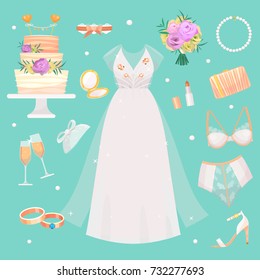 Wedding ceremony fashion bride dress and accessories bridal shower decor set vector