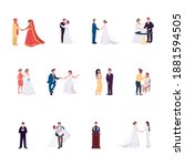 Wedding ceremony flat color vector faceless characters set. Groom and bride hold hands. Gay couple. Marriage celebration isolated cartoon illustration for web graphic design and animation collection