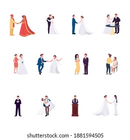 Wedding ceremony flat color vector faceless characters set. Groom and bride hold hands. Gay couple. Marriage celebration isolated cartoon illustration for web graphic design and animation collection