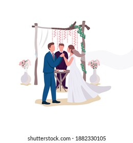 Wedding ceremony flat color vector faceless characters. Bride and groom marrying. Priest give blessing. Engagement isolated cartoon illustration for web graphic design and animation