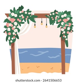 Wedding ceremony floral arch decoration standing at seaside idyllic cartoon scene. Elegant festive gate with flowers ornaments for engagement occasion and matrimony creation vector illustration