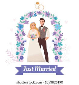 Wedding ceremony flower arch decorated with engagement rings flat composition just married couple white background vector illustration 