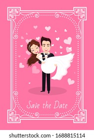 Wedding ceremony of groom and bride vector, man carrying woman, people in love on special day. Wife and husband ornamental frame, save the date