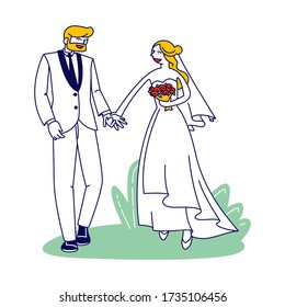 Wedding Ceremony. Happy Bridal Couple Characters Isolated on White Background. Man and Woman Getting Married. Bride and Groom Holding Hands. Newlywed People, Love Relations. Linear Vector Illustration