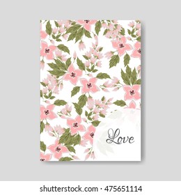 Wedding ceremony invitation card tropical floral background. Greeting postcard in grunge retro vector Elegance pattern with flower rose illustration vintage chrysanthemum Valentine day card Luau Aloha