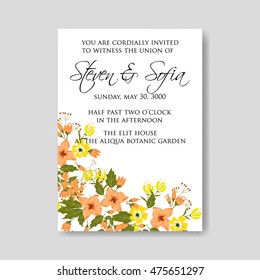 Wedding ceremony invitation card tropical floral background. Greeting postcard in grunge retro vector Elegance pattern with flower rose illustration vintage chrysanthemum Valentine day card Luau Aloha