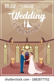 Wedding Ceremony Invitation Flat Vector Template. Couple In Church. Engagement Event. Brochure, Booklet One Page Concept Design With Cartoon Characters. Marriage Celebration Flyer, Leaflet