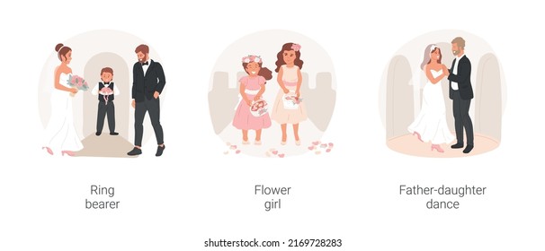 Wedding ceremony isolated cartoon vector illustration set. Ring bearer, page boy holding cushion, flower girl with basket, father-daughter dance, wedding tradition, get married vector cartoon.