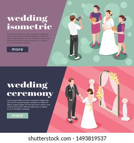 Wedding ceremony isometric banners with photographer taking pictures of bride and her girlfriends vector illustration