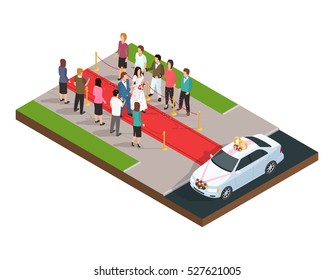 Wedding ceremony isometric composition with just married couple on the red carpet vector illustration