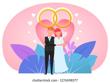 Wedding ceremony, just married couple standing near big wedding rings, heart. Poster for social media, web page, banner, presentation. Flat design vector illustration