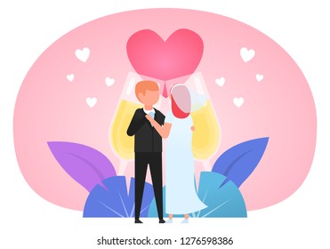 Wedding ceremony, just married couple standing near big champagne glasses, heart. Poster for social media, web page, banner, presentation. Flat design vector illustration