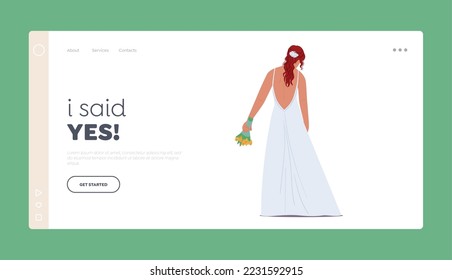 Wedding Ceremony Landing Page Template. Stylish Redheaded Bride in Elegant Long Dress Rear View. Beautiful Romantic Lady in Fashioned Apparel, Girl Character Cartoon People Vector Illustration