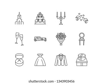 Wedding ceremony line icons set with church, cake, candelabra, pigeons, champagne, car, bouquet, chair, engagement ring, bridal dress, suit, gift boxes.