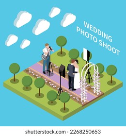 Wedding ceremony marriage isometric composition with text and view of photographer shooting couple in garden scenery vector illustration