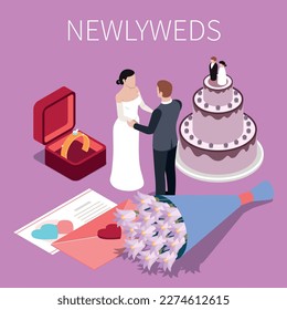 Wedding ceremony marriage isometric composition with characters of newlyweds surrounded by cake rings and love letters vector illustration