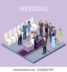 Wedding ceremony marriage isometric composition with text and isolated view of newyweds cutting cake with guests vector illustration