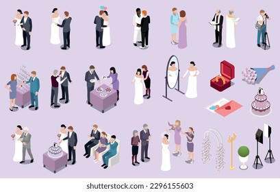 Wedding ceremony marriage isometric set with isolated human characters of guests groom and bride with flowers vector illustration