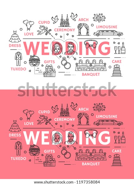 Wedding ceremony or marriage line art poster with\
outline icons. Cupid with bow and flower arch, limousine and cake,\
banquet and gifts, tuxedo and dress or gown, love and affection\
symbols vector